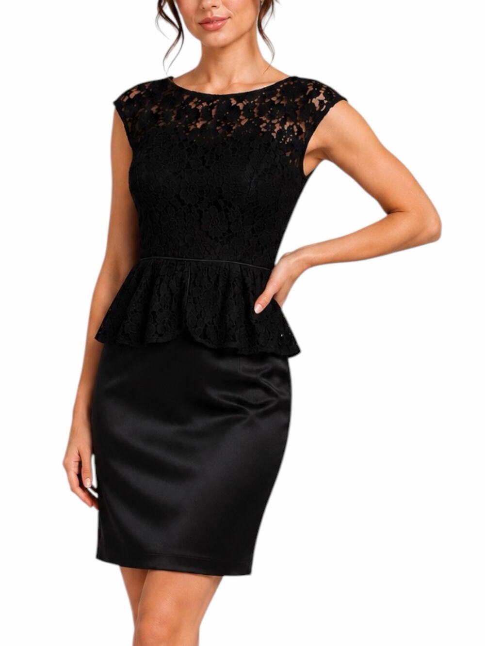 London Times Lace Peplum Satin Sheath Mini Dress Black Size 6